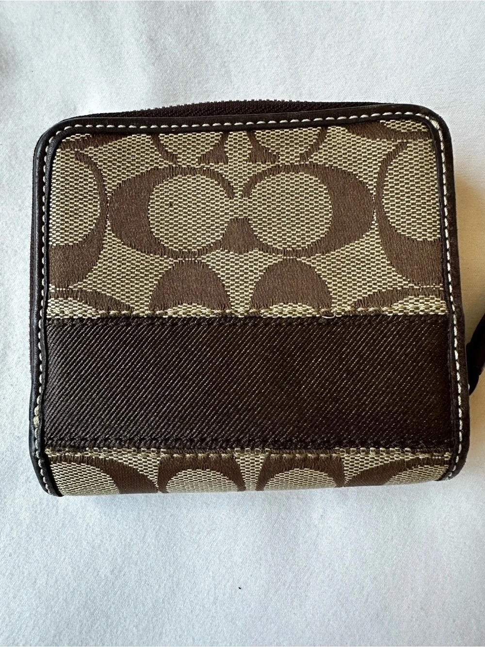Coach Signature Stripe Bifold Wallet Brown Khaki Canvas Leather Snap Zip Wallet
